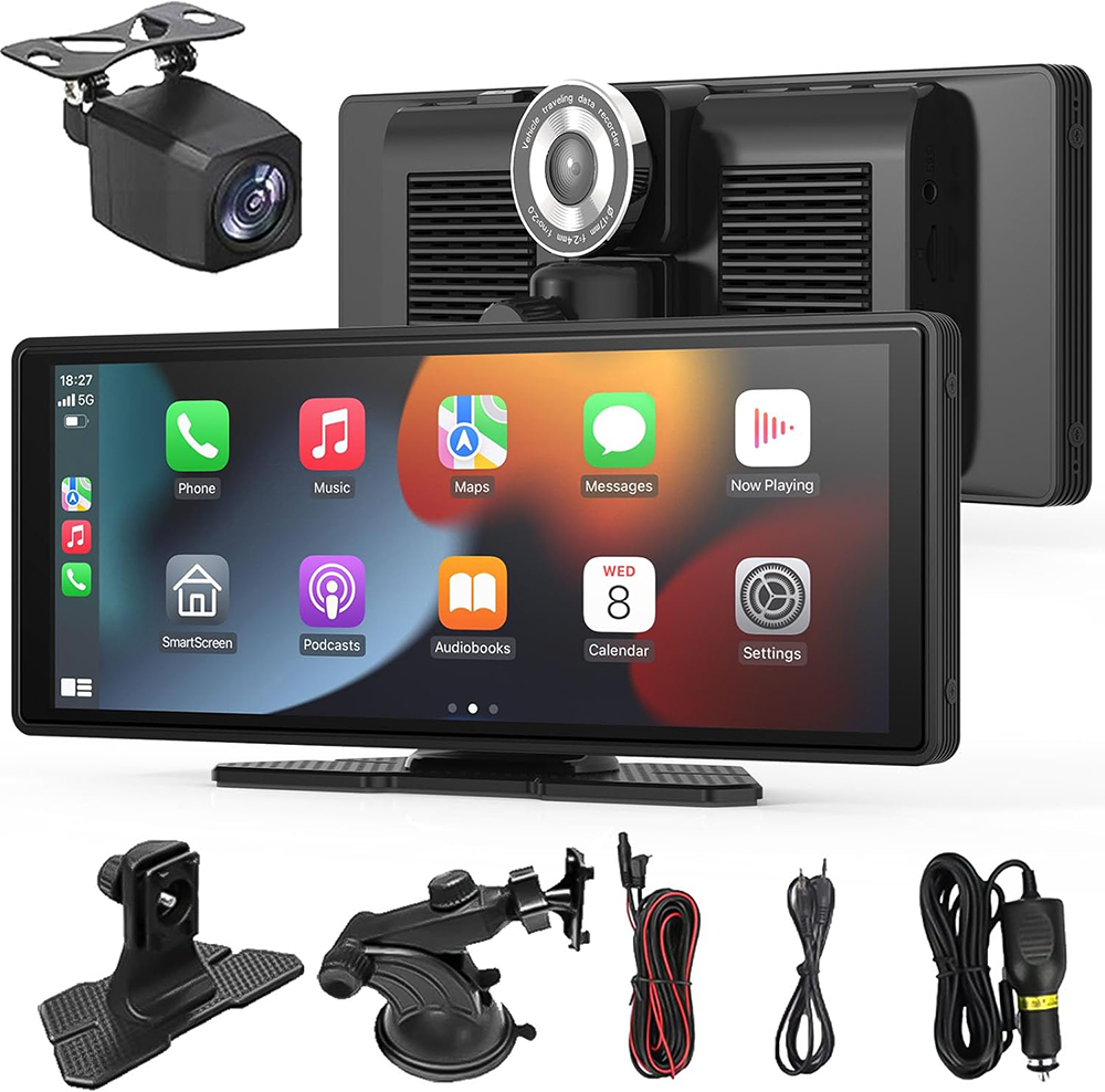 10.26 inch Wireless Portable Carplay Car Android Auto Screen with HD Dash Cam, Backup Camera, Bluetooth FM Transmitter For All Cars