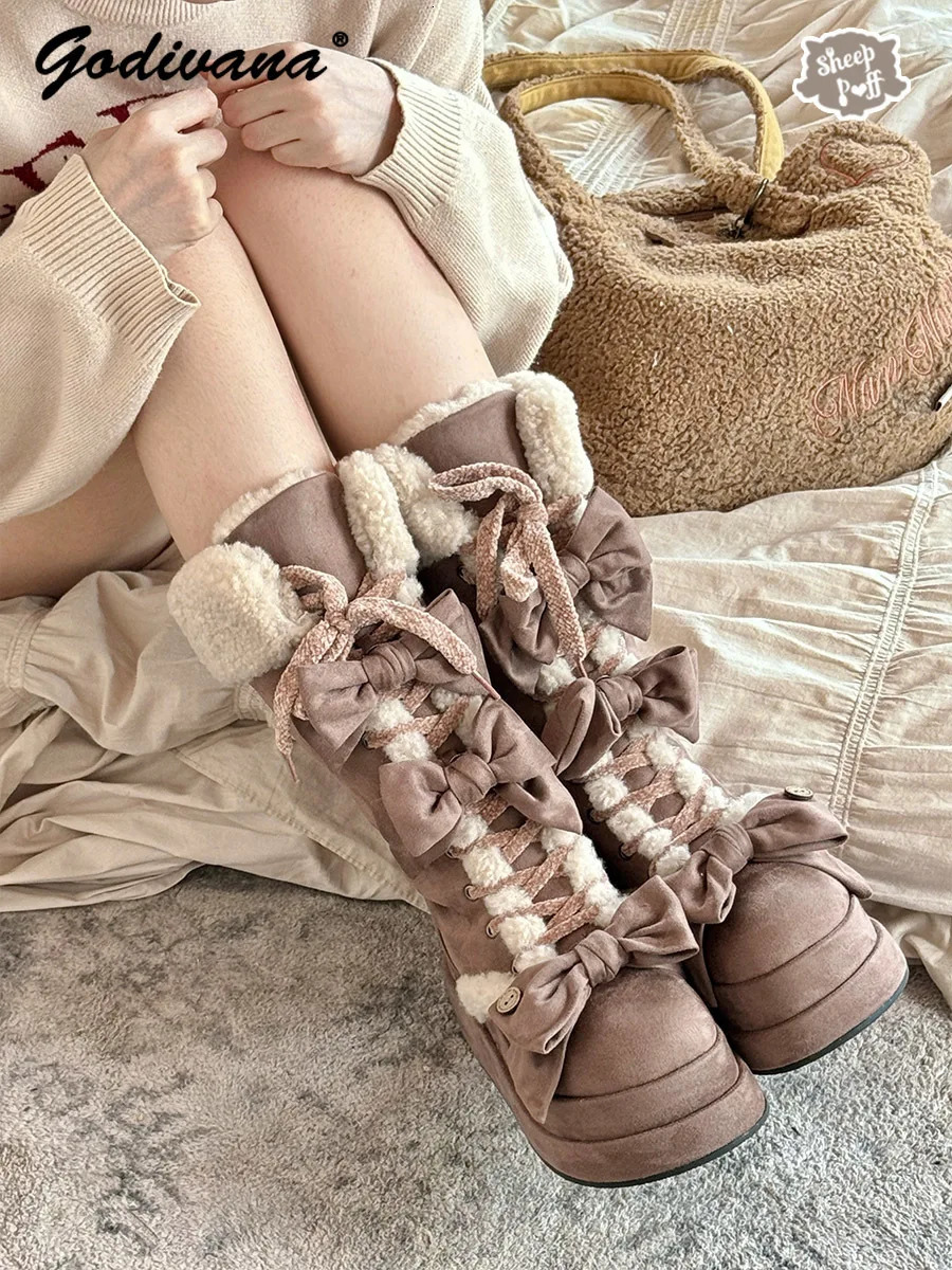 Lolita Winter Calf Boots Original Cute Bow Womens Warm Snow Plush Girl Female Suede Long Fur 251121