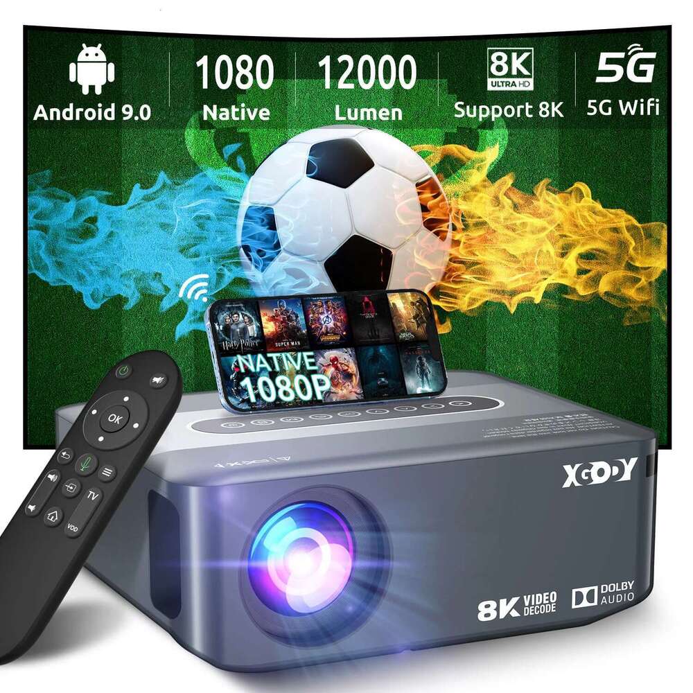 XGDOY 8K Projector Smart 1920*1080P 5G WiFi BT 12000lumens Connection Android9.0 Beamer Home Theater Movie,Comes with a Backpack