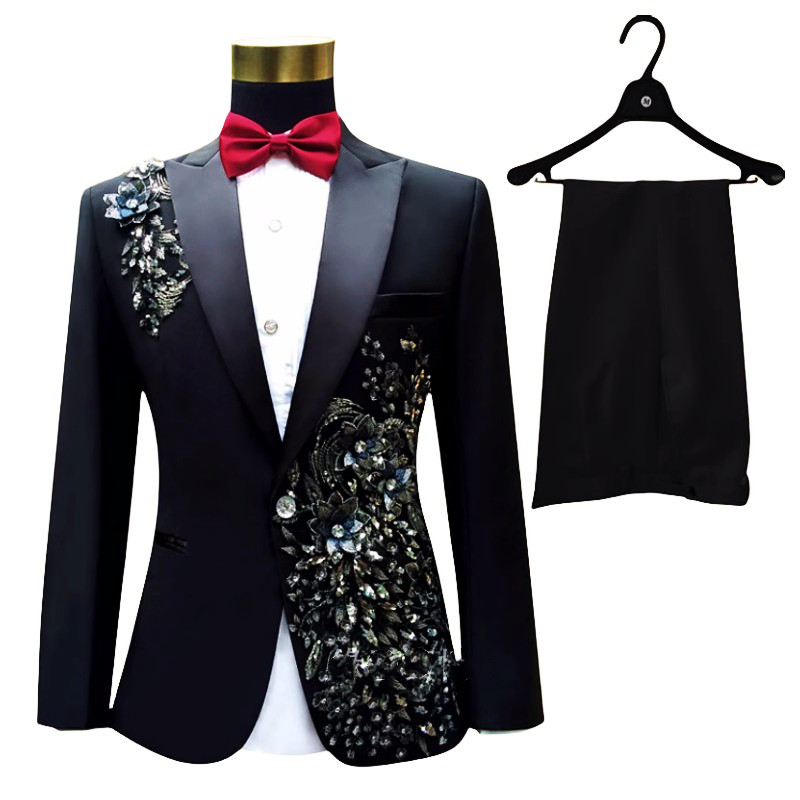 Fashion High-grade Applique Men's Floral Suits Sparkly Sequins White Crystals Blazers Pants Set Prom Party Host Singer Costume Wedding Master Suit