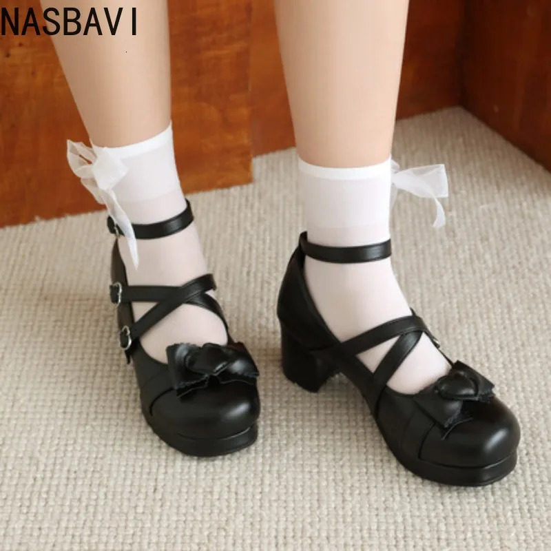 NASBAVI Sweet Cross Buckles Lolita Pumps for Ladies Block High Heels Platform Wedding Party Mary Janes Shoes Women Pink Red 251121