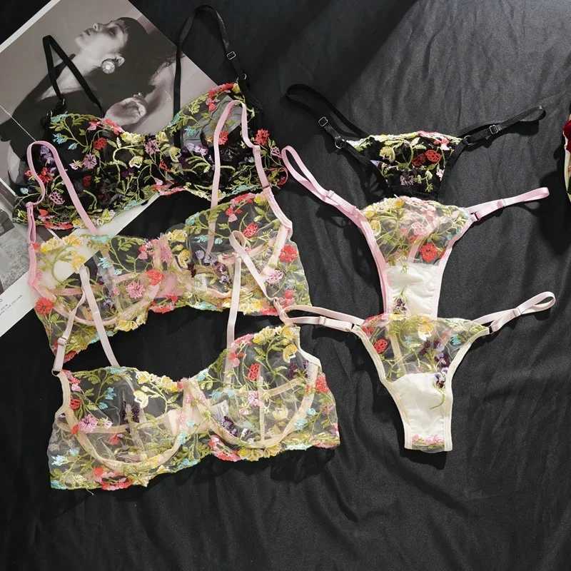 Floral Embroidery Lace Bras Set Women Sheer 2-Piece Sexy Bra Panties Lingerie Fashion Underwear Set IntimatesXJ251106