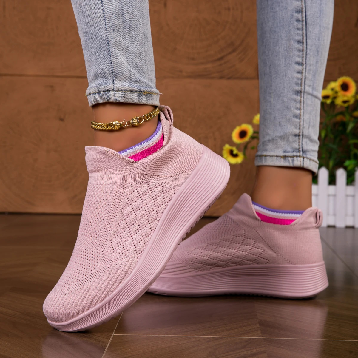 Womens Casual Sneakers Shoes Fashion Fly Knitting Breathable Mesh Elevator Slip On Unsiex Loafers Large Size 251121