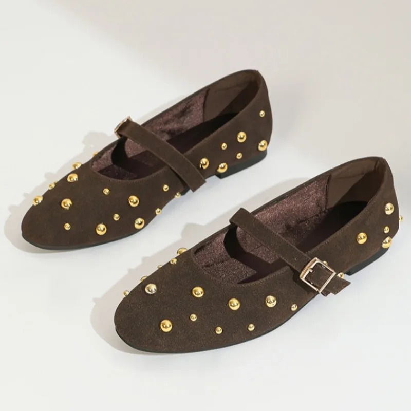 Summer Mary Jane Shoes for Women Fashion Rivet Suede Classic Retro Brown Casual Soft Bottom Comfortable Ladies Flats 251121