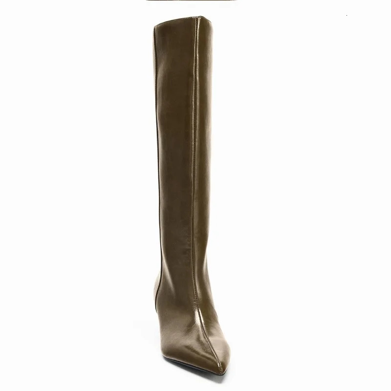 Winter Khaki Green Womens Knee High Boots y ner Leather Pointed Toe Kitten Heels Boot Stylish Knight Women 251121