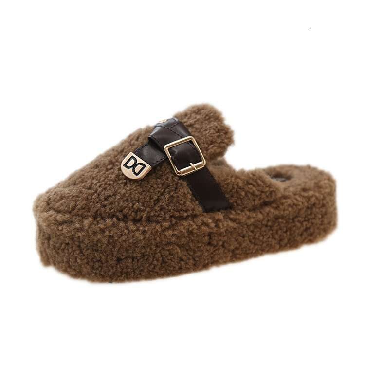 Fashion Designer Slippers Shoes Booties Platform Thick Sole Closed Toe Mules For Women 2025 Winter Lamb Wool Fleece Lined Warm Cotton Slippers
