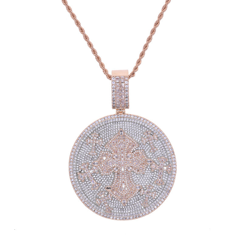 Iced Out Two Tone Color Cross Round Pendant Necklace Zircon CZ Infinity Cuban Chain Big Heavy Chunky Badge Men Hip Hop Jewelry 250920