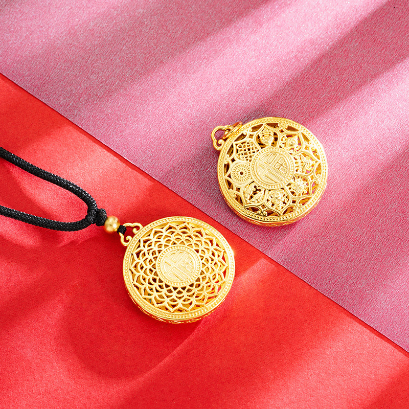 Necklace, Eight Treasures Gold Hollow out Fortune Lotus Compass Jewelry