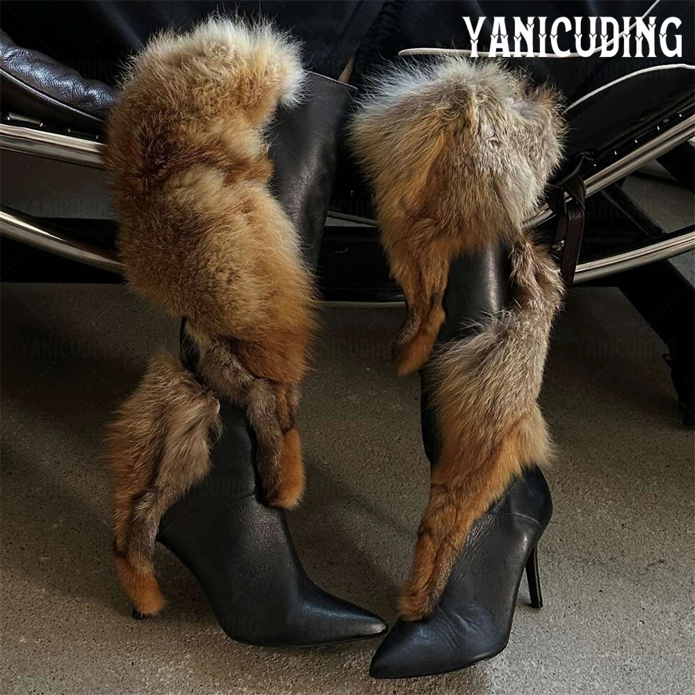 Patchwork Leather Fur Boots y Style Stiletto Knee High ner Handmade Zipper Customized Womens 251121