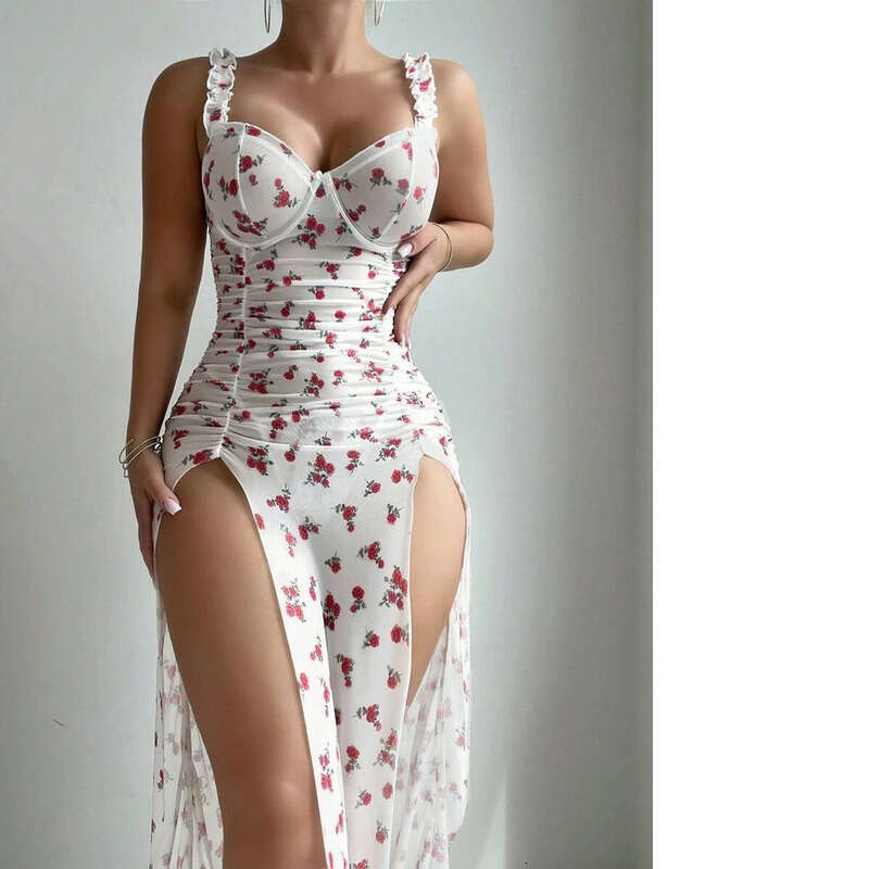 Lace Sexy Lingerie New Sexy Female Print Halter Split Top Nightdress Set