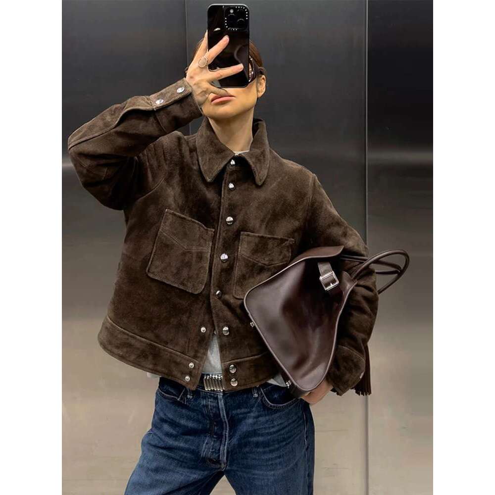 Designer Clothes Big Pockets Suede Short Women's Jackets Vintage Lapel Single Breasted Full Sleeve Jacket Lady 2025 Spring Fashion Streetwears