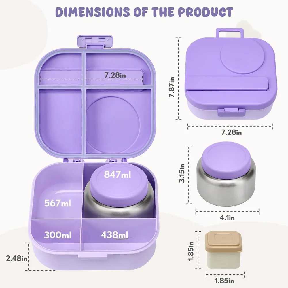 4-Compartment Bento Lunch Box with 12oz Soup Thermos Leak-Proof Insulated Food Container for Travel Work PurpleM251121