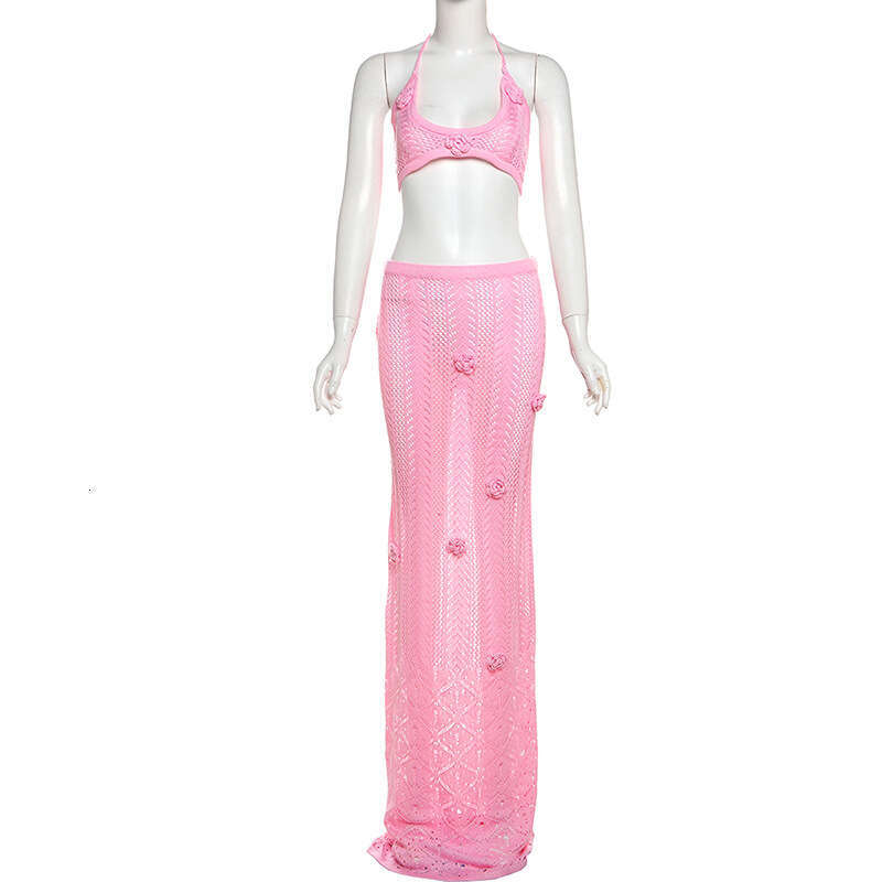 hoodie Women's Wear Spring/Summer New Women's Sexy And Spicy Girl Hanging Neck Collection With Exposed Umbilical Flower Knitted Long Skirt T