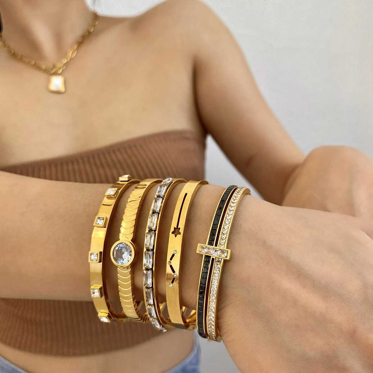 Flashbuy New Trendy Chic Zircon Stainless Steel Bangle Bracelets for Women Charm Texture Simple Gold Color Accessories Teen GiftW251121