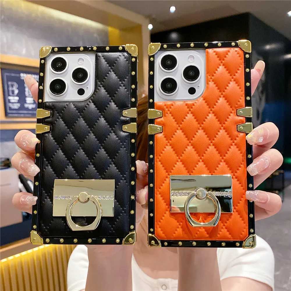 Fashion Rhombic Gold Plating Leather luxury Phone Case For iPhone 16 15 Pro Max 14 Plus 13 12 11 XR Ring Holder CoverW251121
