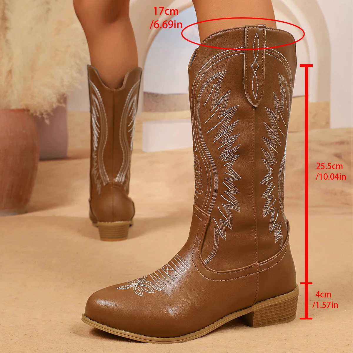 Vintage Embroidery Western Boots Women Plus Size 3643 Thick Heels Mid Calf Woman Autumn Winter Slip on Cowgirl 251121