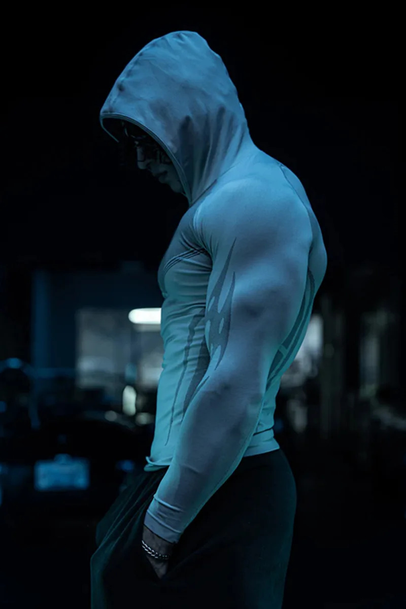 American Mens Tight T-shirt Jogger YA Sports Fitness Cool n Sense Running Training Speed Dry Hooded Long Sleeves 250421