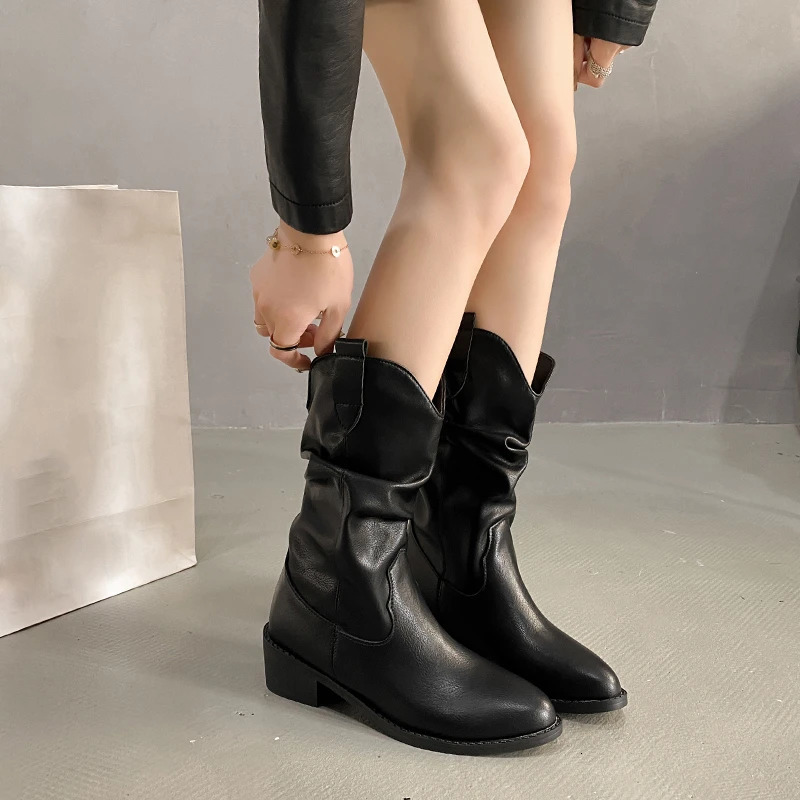 singlecolor comfortable stylish ankle boots with pointed toe square heel pleated n large size winter highheeled 251121