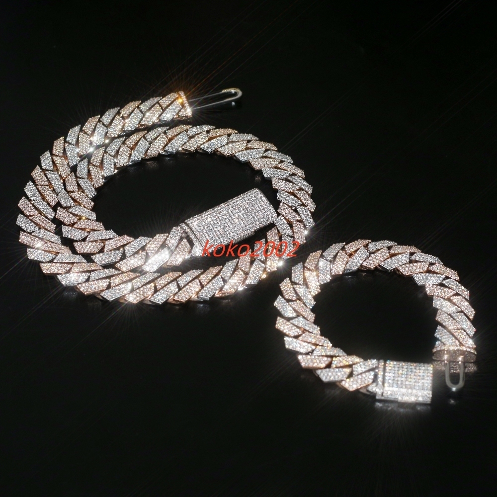 Customized Moissanite Cuban Chain Necklace Bracelet 2 Tone Iced Out Silver 925 Moissasnite Cuban Chain