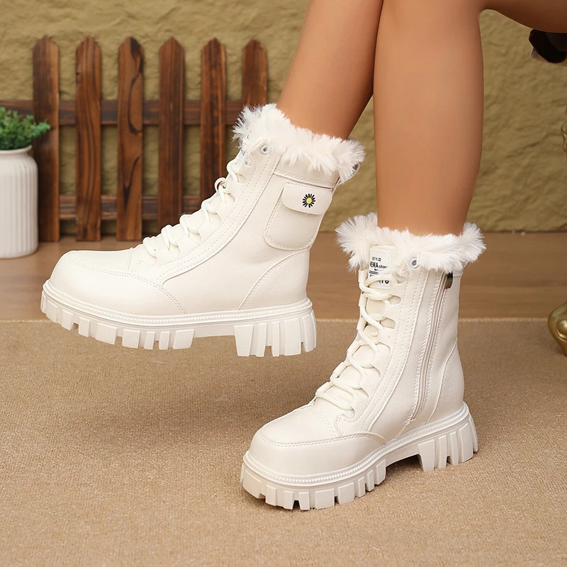 Winter Womens Wedge Heel Snow Boots Thick Sole FleeceLined LaceUp Side Zipper MidCalf 251121