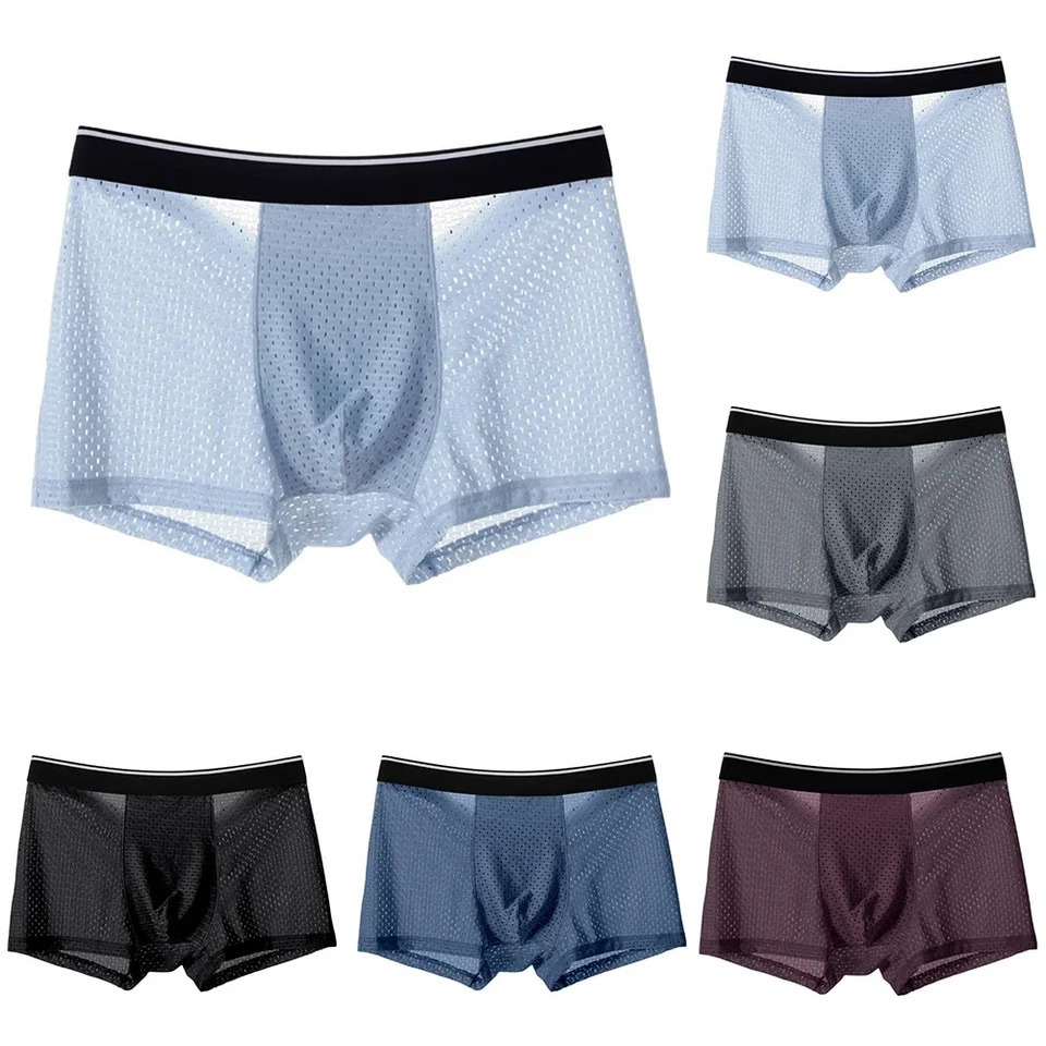 Sexy silk mens underwear mesh pattern breathable hole shorts and bag satin brief 250417