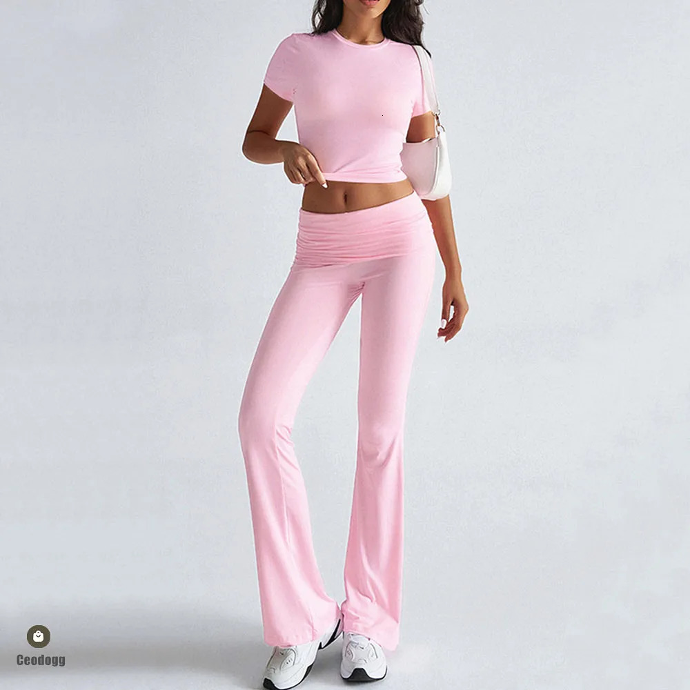 Foldable 2PCS Yoga Set Women Short Sleeve Crop Top Slim Fit High Waist Flare Leggings Fitness Suit Workout Gym Running Tracksuit 251114