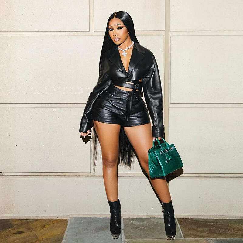 hoodie Women's Wear Autumn New Women's Fashion Lapel V-Neck PU Leather Tight And Sexy Shorts Set jacket