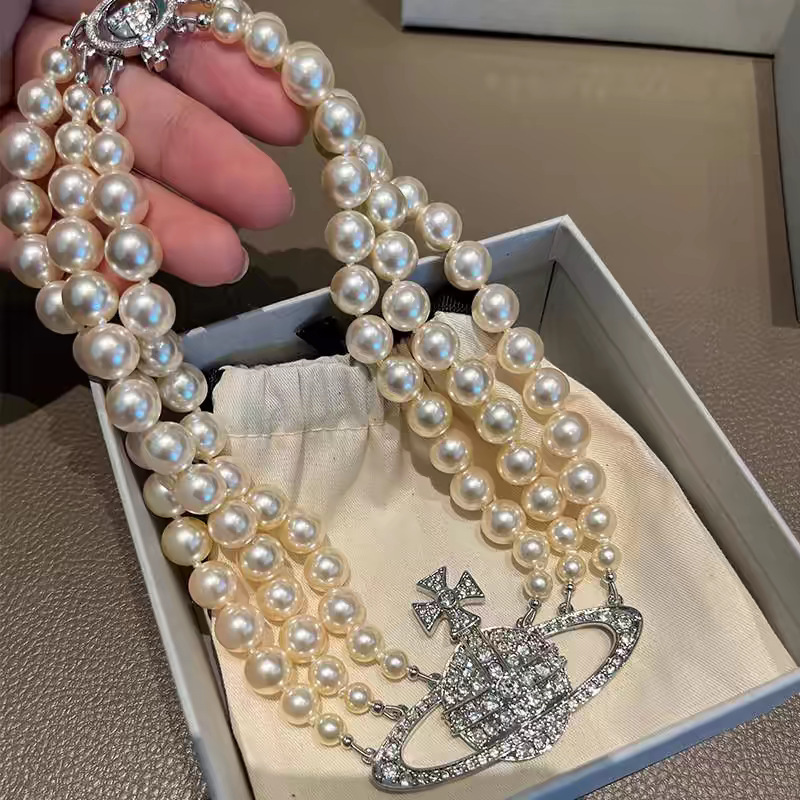 Orb Vivianw Vivvian Westwood Woman Necklace Designer Jewelry Three Layers Of Pearls Big Saturn Necklace Boasting Necklace Female