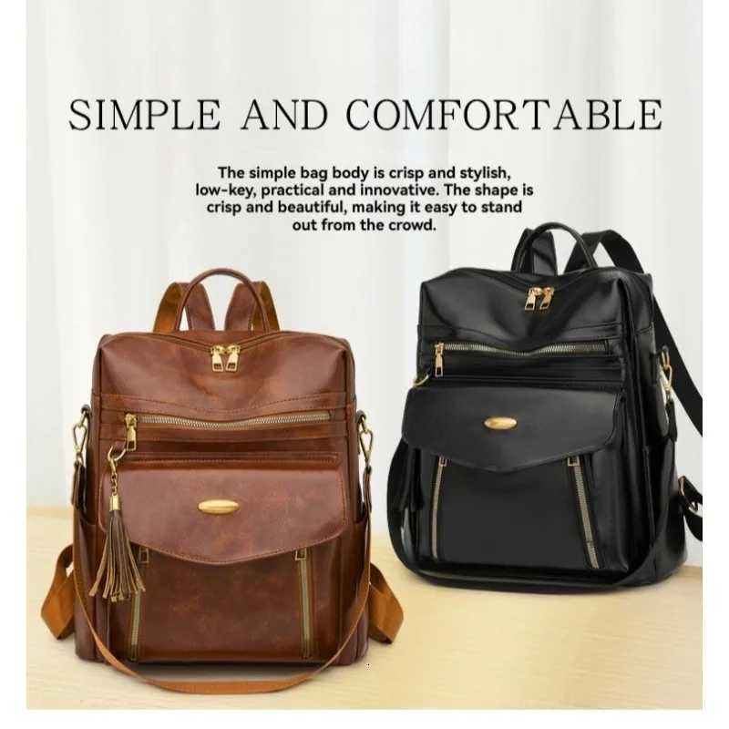 New Womens PU Leather Waterproof Anti-theft Designer Large Retro College Travel Backpack Shoulder Bag Wallet with Tassel BrowW251121