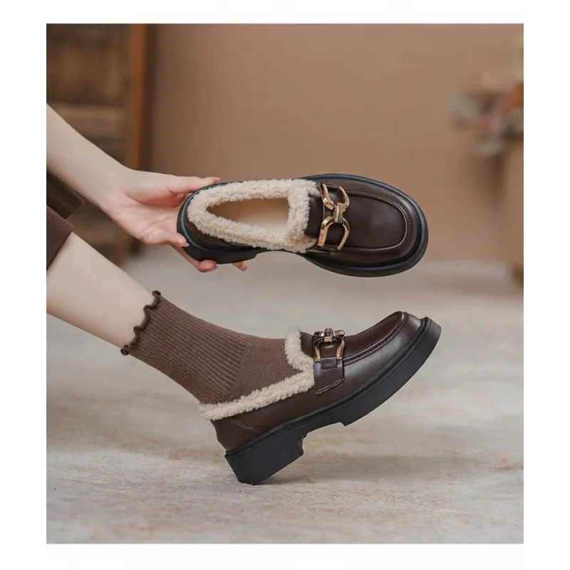 Womens Fur Lined Loafers Chunky Platform Winter Shoes Horsebit Slip On Comfortable Flats 251121