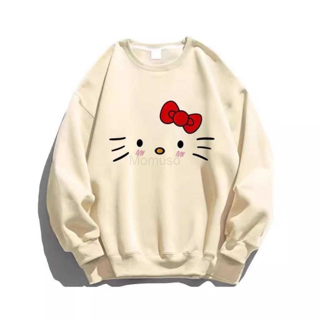 Sanrio KT Cat Long Sleeve Sweatshirt for Women Round Neck 2024 New Spring Autumn Winter Loose Fit White Hoodless Fleece-Lined Thin Top H251121