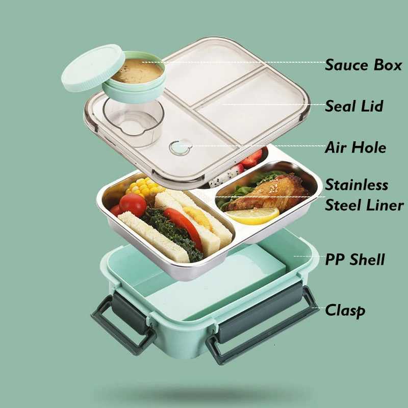 850ml 304 Stainless Steel Insulated Large Capacity Portable Divided Sealing Bento Lunch Box With Sauce Box School Office CampingM251121