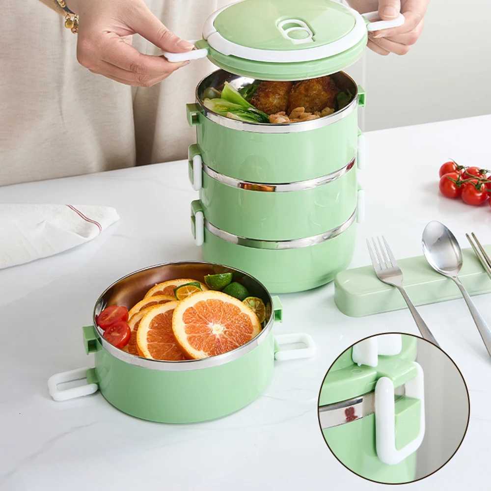 4 Separate Stackable Insulated Lunch Box Round Shape Thermos Food Containers Stainless Steel Inner Food Thermal Box Keep HotM251121