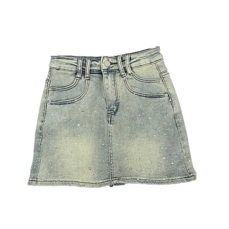 High waisted mini dress rhinestone decoration womens sensitive design denim skirt summer style #17 X250421