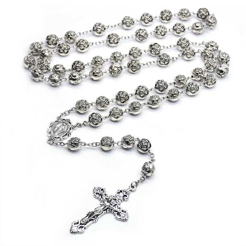 QIGO 10mm Vintage Cross Pendant Plastic Rose Rosary Necklace Catholic Prayer Jewelry GiftsXJ251121