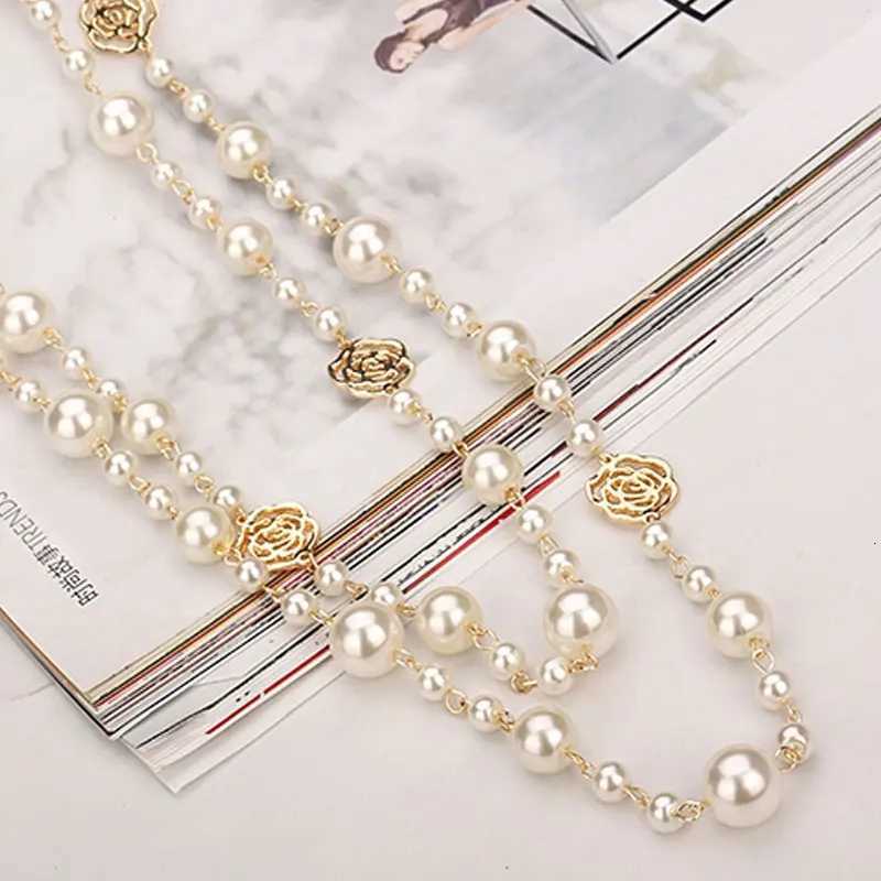 Famous Camellia Pearl Long Necklace For Women Double Layer collane lunghe donna Rose Flower Sweater chain NecklaceXJ251121