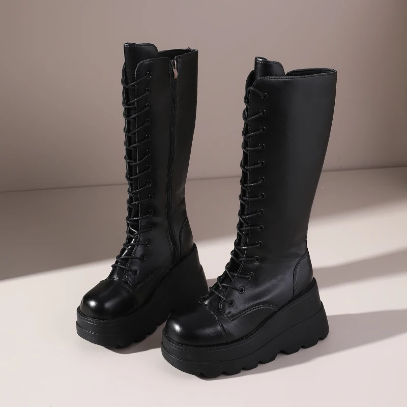 Autumn Winter Womens Black LaceUp Knee High Riding Boots Platform Heel Equestrian Leg Slimming Tall 251121