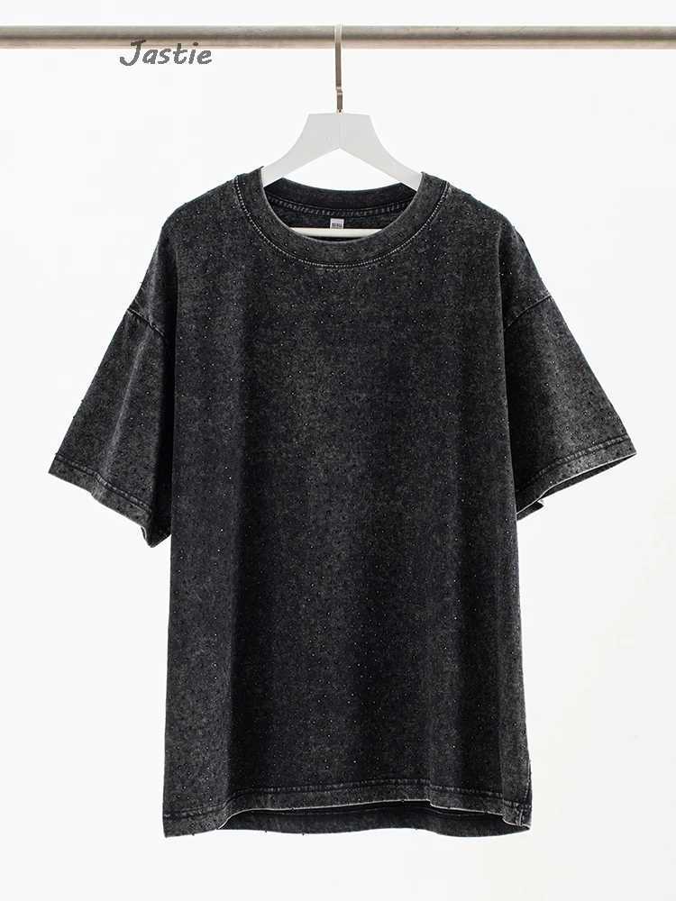 Summer casual black rhinestone womens T-shirt round neck short sleeved T-shirt loose medium long T-shirt street womens clothing X250421
