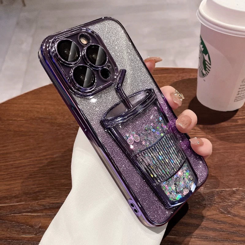 Flowing Sand 3D Drink Cup Phone Case | Sparkling Glitter Design | Shockproof & Stylish | For iPhone 16/15/14 Pro Max, Samsung S24 Ultra/S23/S22 2025