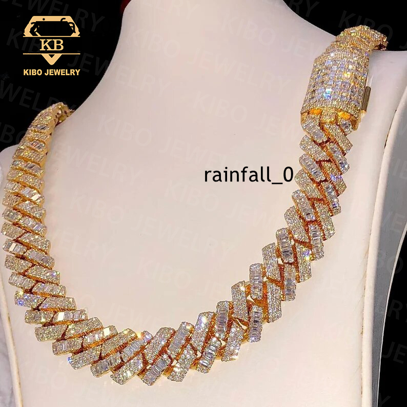 Vvs Iced Out Hip Hop 925 Silver Baguette Round Cut Moissanite Necklace Gra Diamond Moissanite Baguette Cuban Link Chain