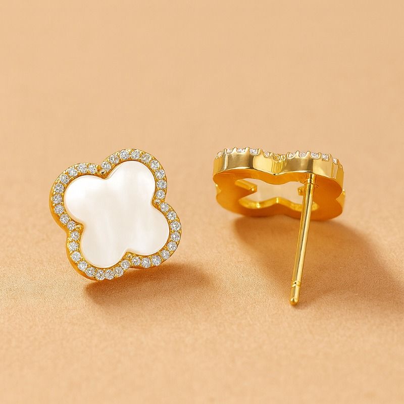 Clover Shaped Mother of Pearl Stud with Zirconia Accents S925 Silver Hypoallergenic Earrings for Daily Outfit and Valentine Day H260202
