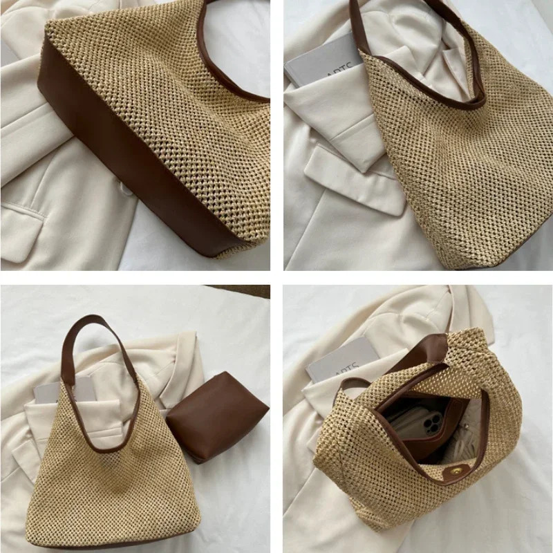 Casual Beach Summer Popular Woven Mother-in-law Bag 2025 Fashionable One-shoulder Seaside Travel Beach Straw Bag Drop Shipping R250421