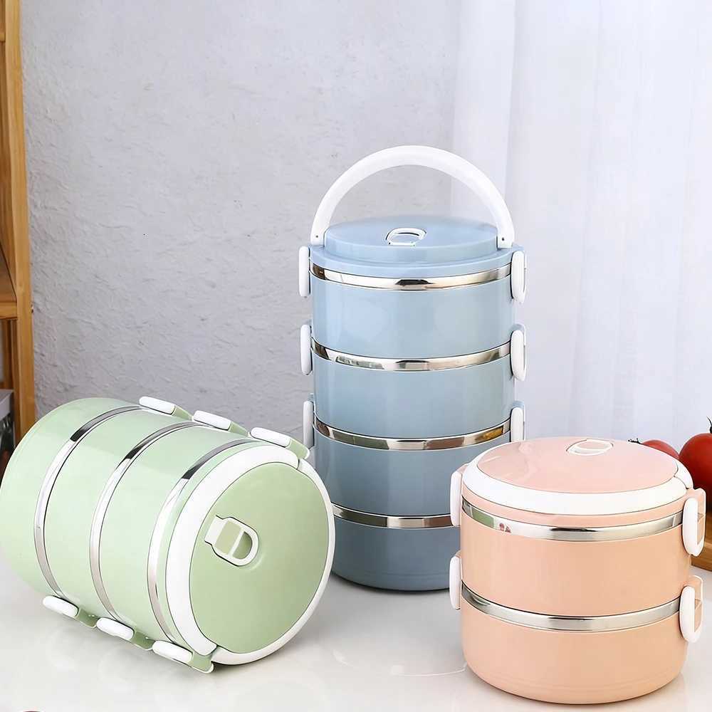 4 Separate Stackable Insulated Lunch Box Round Shape Thermos Food Containers Stainless Steel Inner Food Thermal Box Keep HotM251121