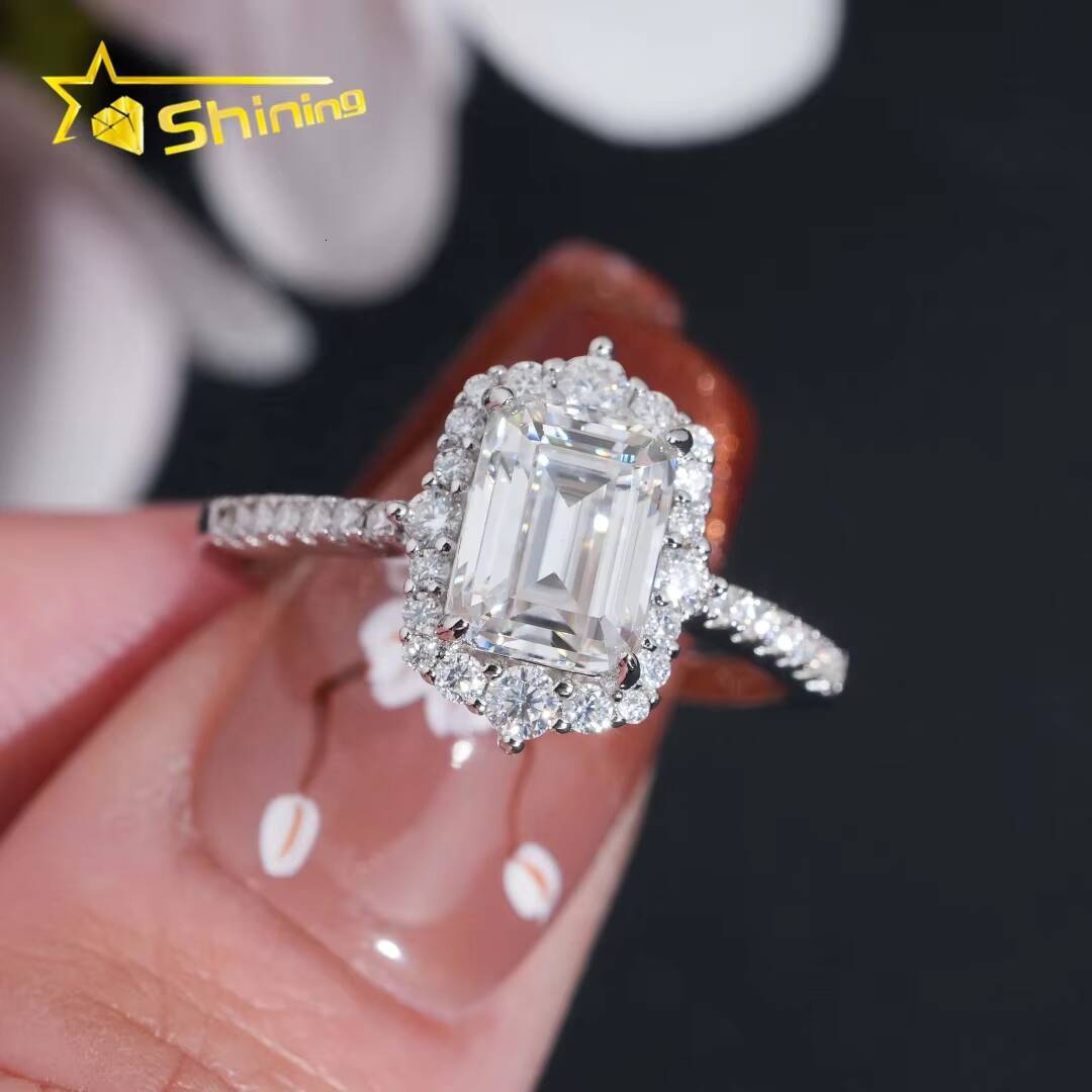 Bling Jewelry 925 Sterling Silver Women Elegant Emerald Cut 2ct Engagement Moissanite Wedding Ring