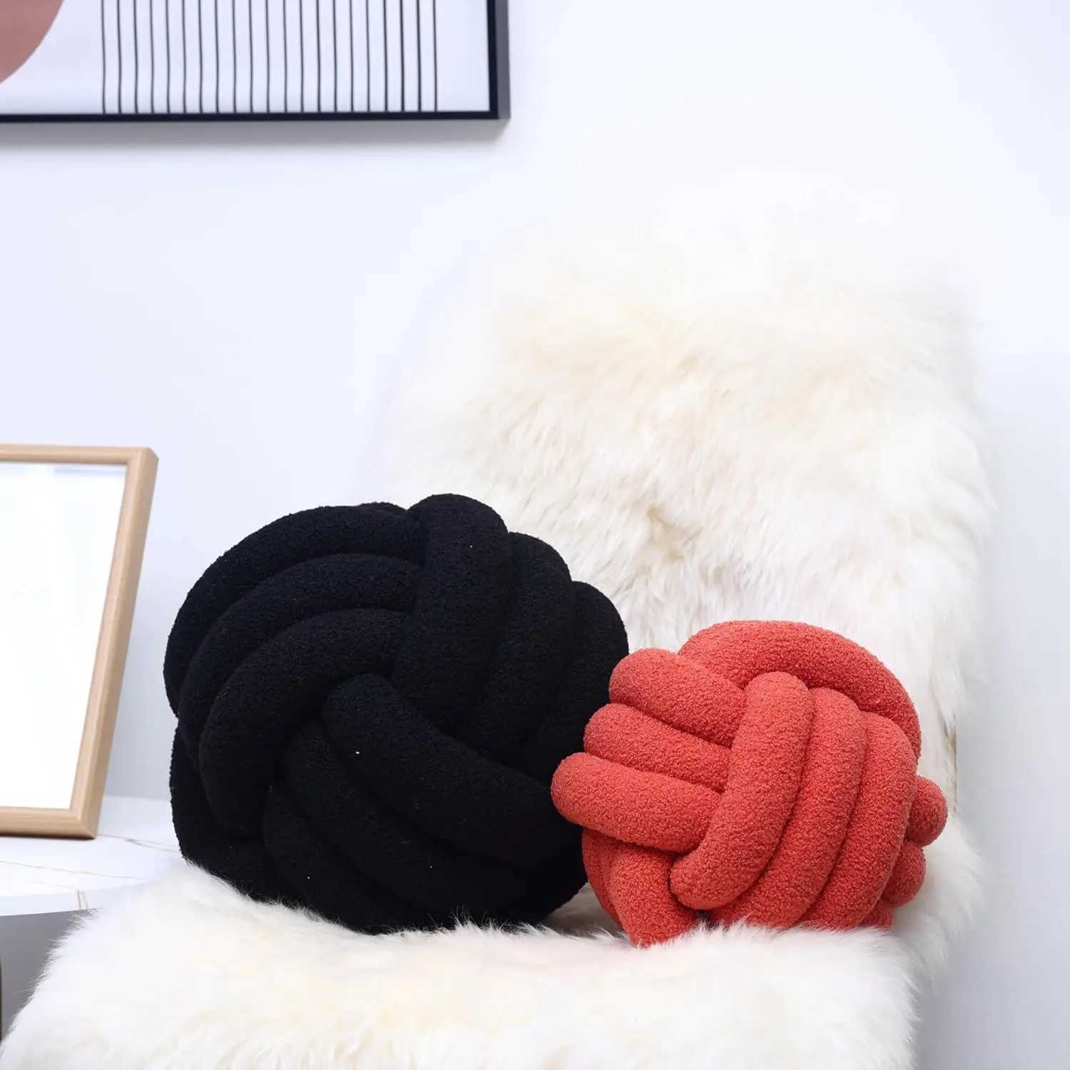 Black Red Knot Ball Soft Home Decorative Round Throw Handmade Knotted Plush Chirstmas Gift Cushion C251121