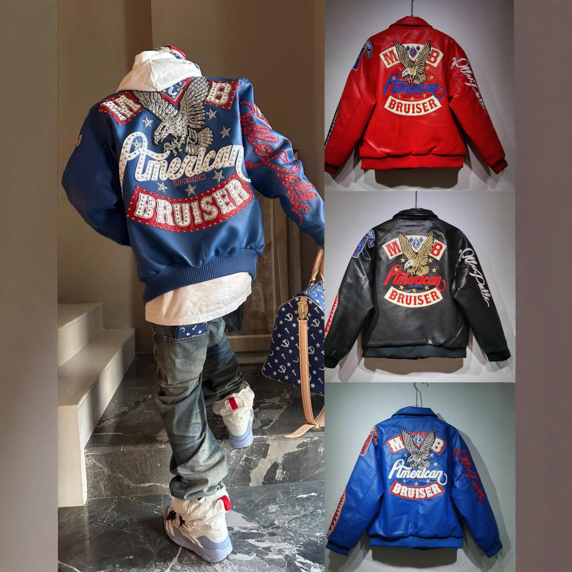 Mens Motorcycle Leather Jackets PellexOopium Rhinestones Heavy-Duty Embroidery Hall of Fame Collaboration Series Jacket