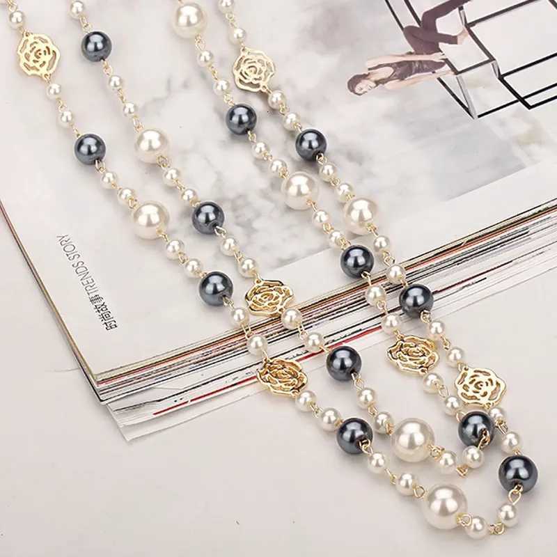 Famous Camellia Pearl Long Necklace For Women Double Layer collane lunghe donna Rose Flower Sweater chain NecklaceXJ251121