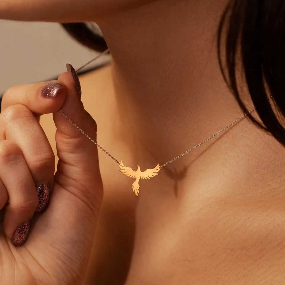 Dainty Rising Phoenix Pendant Necklace Stainless Steel Gold Plated Silver Fantasy Gold Bird CharmXJ251121
