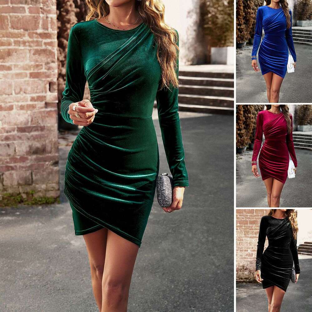 European And American Women's Autumn Winter Round Neck Sexy Tight Amazon Dress Long Sleeve
