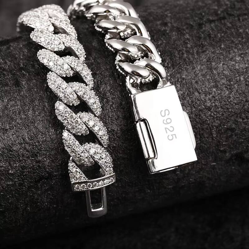 Iced Out 925 Sterling Silver 12mm Width VVS Moissanite Hip Hop Moissanite Cuban Bracelet